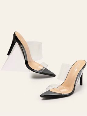 SHEIN Clear Strap Black Pointed-Toe Heels